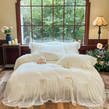 White Pink Princess Ruffle Romantic Wedding Girls Duvet Cover, Cotton Bedding Set